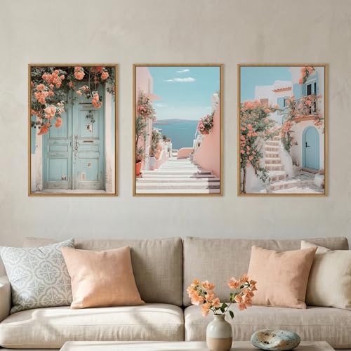 Image of KAIRNE Italy Amalfi Coast Cityscape Framed Canvas Wall Art Set,Neutral Italian Mediterranean Wall Decor,Greece Island Landscape Wall Painting,Florida Beach Artwork for Living Room,Bedroom-16 x24 x3