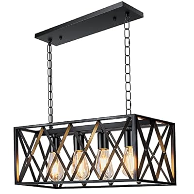 Pynsseu Industrial Kitchen Island Pendant Lighting, Rectangular Vintage Rustic 4-Light Hanging Pendant Light Fixtures for Kitchen Farmhouse, Bar, Dinning Room