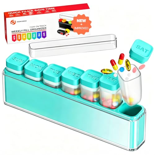Image of HIONXMGA Color-Coded Weekly Pill Organizer Once Daily, Detachable 7 Day Travel Pill Box with Upgraded Sealing Lids, Large Portable Pill Case for Medication, Vitamins, Supplements & Fish Oils, Cyan