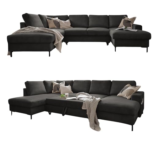 MIUFORM Lofty Lilly mit Bettkasten | 8 Sitzer Ecksofa | U-form links | 303 x 197 x 84cm | Klappsofa mit Schlaffunktion | Schlafsofa klappbar | Wohnlandschaft (Grau)