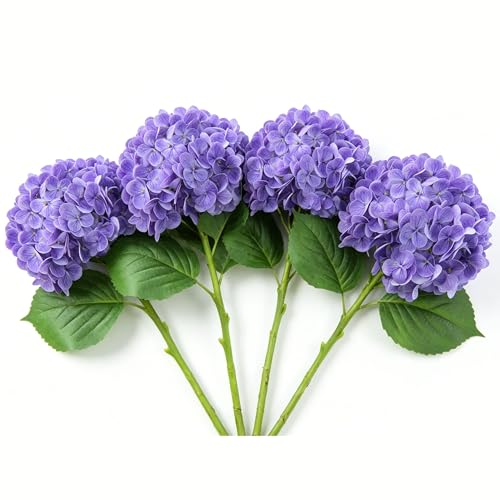 4 Pcs Faux Hydrangeas Real Touch Hydrangea Artificial Flowers Latex Large Fake Flower Long Stems for Wedding Home Party Table Centerpieces Decor (Purple)