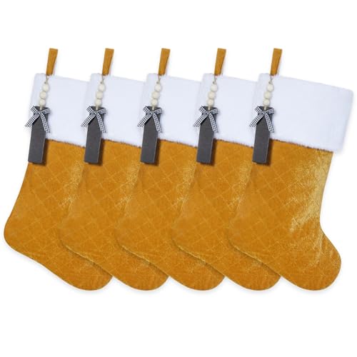Shgngle Gold Velvet Quilted Personalized Christmas Stocking,19.5 Inch Fireplace Hanging Stockings with Blank Wooden Tags DIY Name,Family Holiday Decorations and Xmas Gift(Gold 5Pcs)