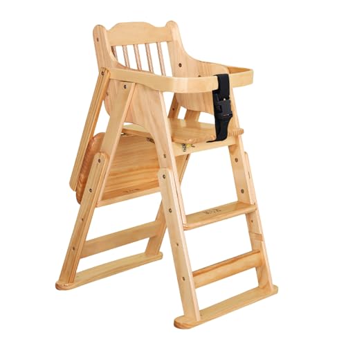 XVVXベビーチェア 木製椅子 ハイチェア キッズチェア 赤ちゃん椅子 4段階調節可能 安全ベルト付き テーブル可動 折りたたみ ナチュラル (リフティング可能なワニスカラー)