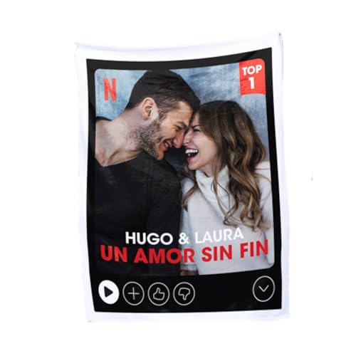 Manta Personalizada con Foto y Texto a Color de Diseño Top 1 Netflix con vuestros Nombres y Título de Película 170x130cm para Sofá o Cama de Abrigo en Invierno (Tela Coralina)