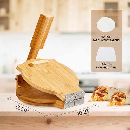 Image of Wooden Tortilla Press 10 Inch - Tortilla Maker Bamboo Prensa para Tortillas with 50 Parchment Paper & Dough Cutter, Mexican Tortillera Press for Homemade Corn Tortillas, Burritos, Taco, Roti