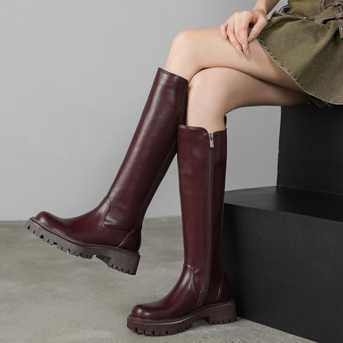 Image of TEAIEU Knee High Boots for Women, Platform Chunky Block Low Heel Tall Boots, Round Toe Side Zipper Fall Long Boots for Dress, Stretch Calf, Comfortable