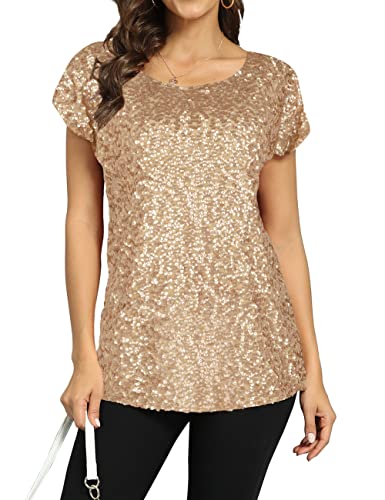 PrettyGuide Women's Evening Tops Sparkle Shimmer Glam Sequin Blouse Matte Gold S/US6-8