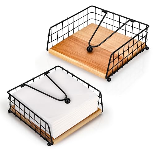 Aramanara 2 Pcs Black Metal Napkin Holders for Tables, Square Serviette Holder with Weight Arm, Flat Napkin Tray with Wooden Base for Home Kitchen Restaurant Hotel Bar Outdoor