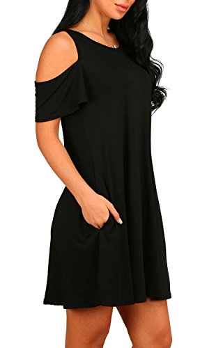 Pceaiih Women's Short Sleeve Cold Shoulder Tunic Top Swing T-Shirt Loose Dress With Pockets (Medium, Black, M) #TOP2