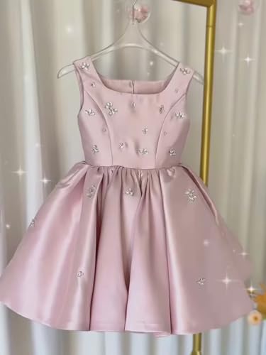 Satin Short Flower Girl Dress for Wedding Beaded A-line Pageant Dress for Kids Sleeveless Formal Gown4