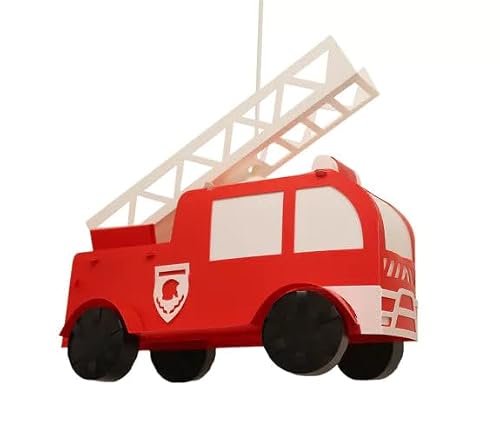 Image of Fire Engine Light Pendant, Red and White Fire Truck Pendant Lamp for Children's Room, 42cm x 21cm x 38cm, E27 Socket, Polypropylene