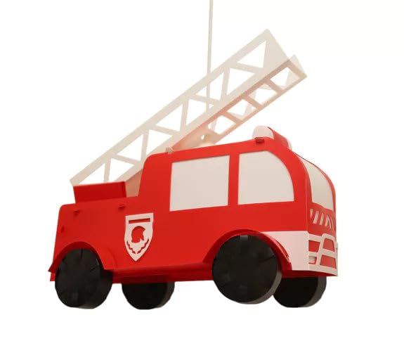 Fire Engine Light Pendant, Red and White Fire Truck Pendant Lamp for Children's Room, 42cm x 21cm x 38cm, E27 Socket, Polypropylene