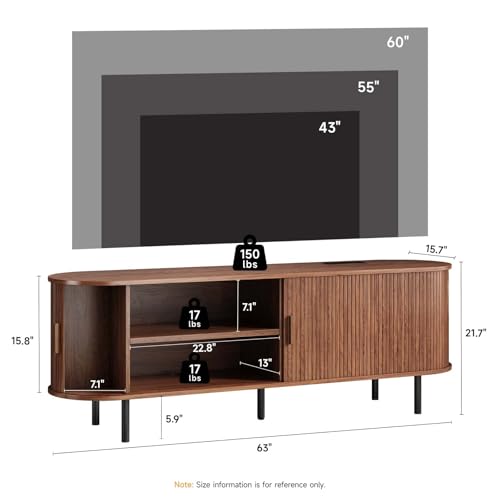 Image of 63 inch Fluted TV Stand with Power Outlet, Modern Media Console with Sliding Doors, Entertainment Center for TVs up to 60 Inch, Adjustable Shelves, Walnut