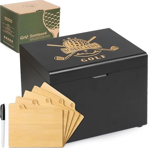 GLORIEROO Golf Storage Box Golf Gifts - Golf Scorecard Collection Box with 5 Wooden Dividers - Golf Organizer for Scorecards, Photos, Keepsakes; Fathers Day Dad Gifts for Men from Wife Cover