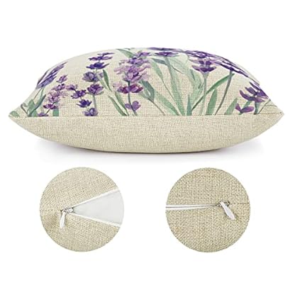 Gamoii Lila Blumen Pflanzen Lavendel Kissenbezüge Zierkissenbezüge Leinen Kissenbezug Pillow Case Sitzkissenbezüge Digitaldruck Couchkissen Bezüge mit Reißverschluss für Home Zuhause 45x45cm – Bild 5