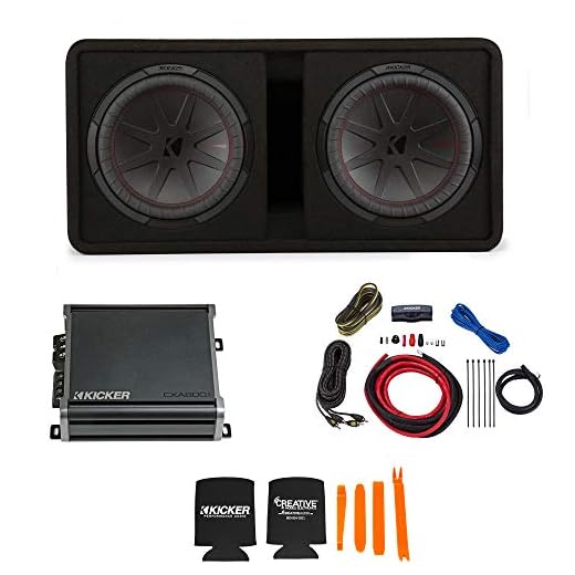 KICKER Comp R 12 Inch Dual Subwoofer in Vented Enclosure Package with 46CXA8001 Amplifier and Wire kit
