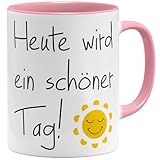 OM3® Taza de café con texto en alemán 'heute wird ein schöner Tag - gute Laune Sonne Motivation - Keramik Becher - 325ml - Zweidseitig Bebedruckt - Rosa