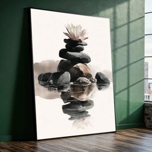 Lienzo con pila de piedras zen y nenúfares, lámina decorativa tranquila para salón o zona de yoga