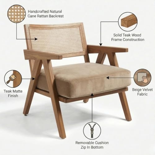 Image of Kingsman Furnitures ABEL Rattan Teak Wood Accent Arm Chair for Home Bedroom, Living, Dining, Drawing Room | Ultra Soft and Comfortable for Stress Free | Removable Cushion (Beige Velvet)