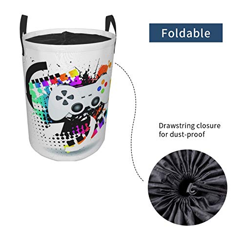 Large Round Storage Basket With Handles,Gamer Modern Console Game Controller With Halftone Motif And Color Splashes,Waterproof Coating Organizer Bin Laundry Hamper For Nursery Clothes Toys 19"X 14" #TOP5