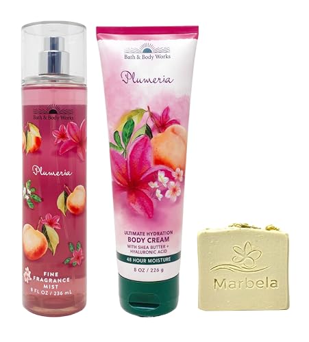 Bath & Body Works Plumeria- Duo Gift Set - Fine Fragrance Mist and Body Cream with a Wild Jasmine Bar Soap.