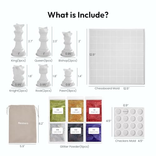 Chess Mold Set, Resiners Chess Molds for Resin Casting with Full Size 3D Silicone Chess Checkers & Chess Board, Epoxy Silicone Resin Molds for Family Party Board Games (Checkers & Chess Board) — view 3