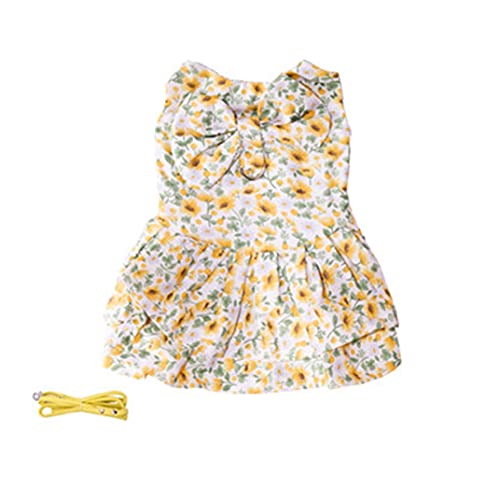 ICOUCHI ウサギ 子猫 ハーネス リード セット 可愛い うさぎ服 花柄 蝶結び モルモット 子犬 小動物用 調整可能 着ぐるみ お散歩用リード お出かけ用品 矮小ウサギに最適 ペット用品 (M, 蝶結び 黄)