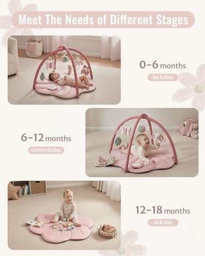 Blissful Diary Baby Play Gym Mat, Tummy Time with 6 Detachable Toys for Sensory & Motor Skill Development, Baby Activity Mat for Girl Boy Newborn Essentials Shower Gift, Pink Floral