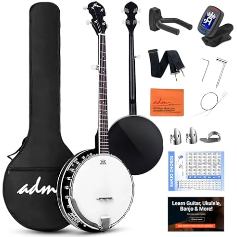 ADM Banjo 5 String Full Size Banjoes Set, 38 Inch Beginner Banjo Kit with Resonator, Remo Drum Head, Open or Closed Back, Gift Package Free Lessons Starter Accessories for Adults Teenager, Black Cover