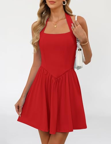 Zelroxa Women's Summer Halter Square Neck Sleeveless Mini Short Dress 2026 Cute A-line Flowy Cocktail Party Graduation Dresses Trendy Outfits Wine Red — view 2