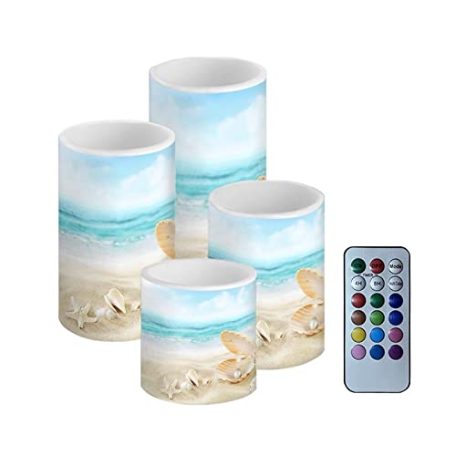 Image of Flameless LED Battery Candles 4PCS Pillar Candles with 18-Key Timer Remote Colorful Light for Party Celebration Decor, Beach Mussel Starfish Seashell