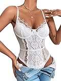SheIn Damen Spitze Bodysuit Transparenter Netz Spaghettiträger Body V-Ausschnitt Bodys Weiss L