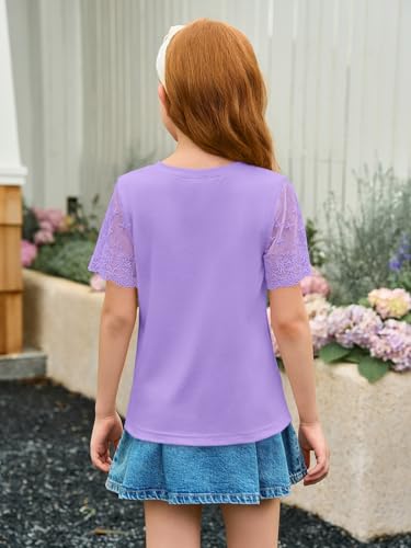 Image of Haloumoning Girls Lace Short Sleeve T Shirts Kids Summer Crewneck Tunic Tops Curved Hem 5-14 Years