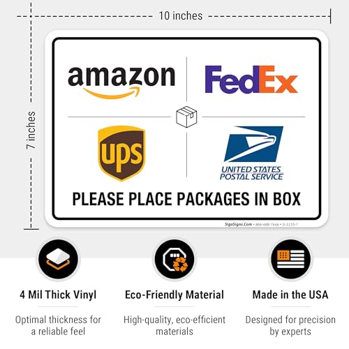 Image of Package Delivery Sign, Please Leave Packages Here Sign, FedEx, Amazon, UPS, USPS, 10x7 Inches, 4 Mil Vinyl Decal Stickers Weather Resistant, Made in USA by Sigo Signs
