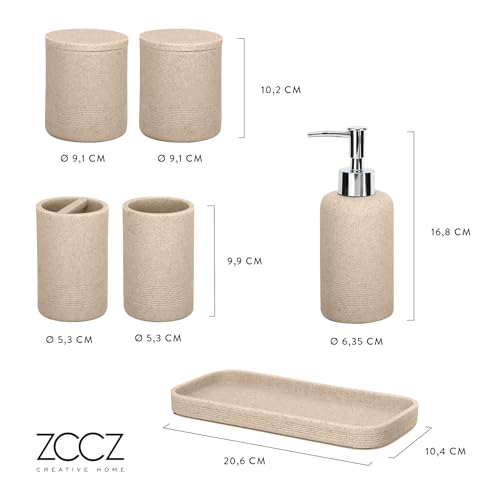 ZCCZ Juego de 6 Accesorios de baño Beige con Dispensador de jabón, 2 Soportes para hisopos, Soporte para Cepillo de Dientes, Vaso de baño y Bandeja de tocador, Organizador Decorativo para encimera - imagen 8