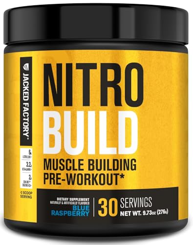 Jacked Factory Nitrosurge Build Pre Workout with Creatine for Muscle Building - Con Cret Creatine Powder & elevATP for Intense Energy, Powerful Pump, & Endless Endurance - 30 Servings, Blue Raspberry