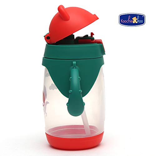 Image of Koochie-Koo Plastic One Touch Open Cute Cartoon Printed Twin Handle Sipper Bottle with Silicon Straw Drinking Sippy Cup for Kids, Water Bottle for Baby Boy and Girl 300ml, Green, 3+ Years (Pack of 1)