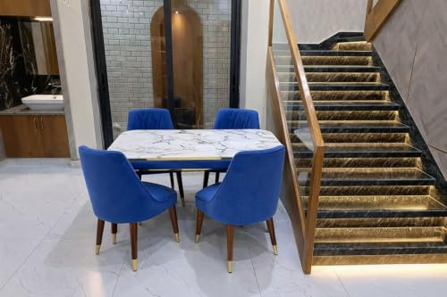 Image of WOODEN SPACE 4 Seater Wooden Dining Table Set | Urban Marble Top Dining Table with Chairs for Dining Room & Kitchen (Modern Frontline Navy Blue) (54 x 36 x 30 inch)