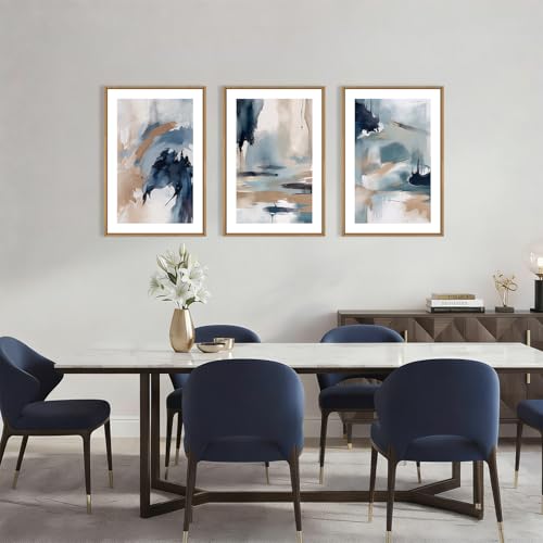 Image of KAIRNE Blue Abstract Neutral Framed Canvas Wall Art Set, Navy Abstract Wall Decor, Watercolor Blue and Brown Wall Painting, Modern Textured Art Prints for Living Room, Bedroom, Office-24 x36 x3