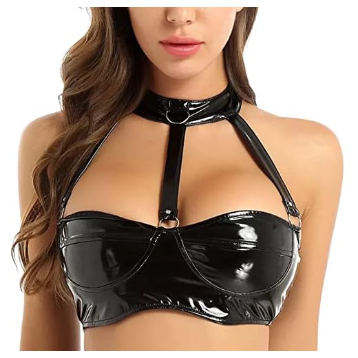 FEOYA Shiny Metallic Crop Tops for Women Sexy Wet Look PVC Latex Bra Large