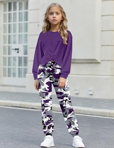 Image of NECIOUS Girls Fall Outfits 2 Piece Fashion Twist Front Pullover Sweatshirt and Camo Pants Clothing Sets 5-14Y