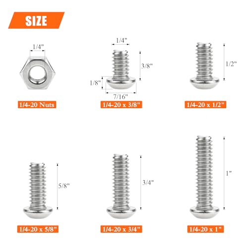 Image of HELIFOUNER 62 Pieces 1 /4-20 x 3 /8 inch 1 /2 inch 5 /8 inch 3 /4 inch 1 inch, Button Head Socket Cap Screws Bolts Nuts Kit, Coarse Thread, Fully Machine Threaded, 304 Stainless Steel