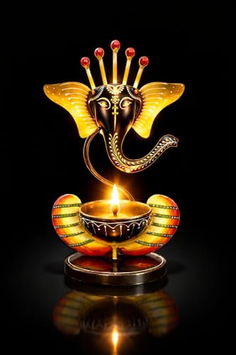 Image of Ganesha Iron Diya Holder - Handpainted Metal Tealight Candle Holder for Home Temple & Pooja Room | 11 Inch Decorative Showpiece, Diwali & Housewarming Gift (Black)