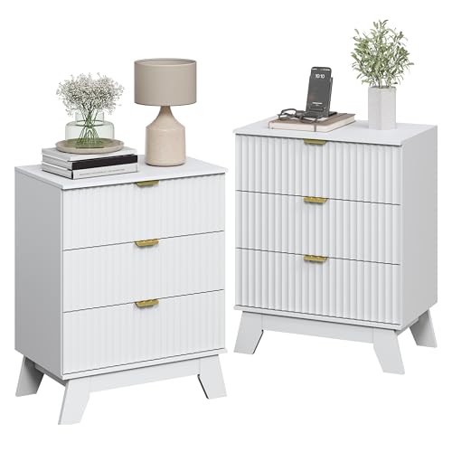 Image of Wodeer Night Stand Set 2, Bedside Table & End Table, Mid Century Modern Fluted Wood Nightstand with 3 Drawers & Metal Handles, Farmhouse Nightstand for Bedroom, White
