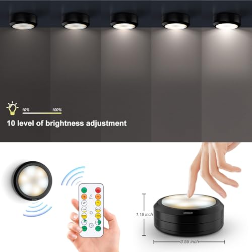 Image of Puck Lights with Remote Control, Wireless LED Puck Light for Kitchen,Battery Operated Under Cabinet Lights, Under Counter Lighting Dimmable, Stick On Lights for Closet Black (6pack)