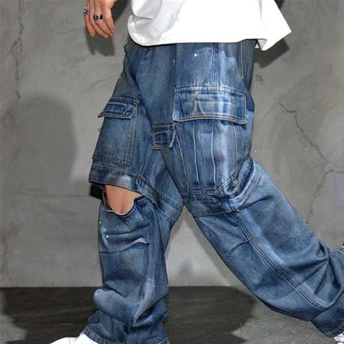 Men’S Chic Straight Fit Distressed Baggy Detachable Denim Cargo Pants Full Length Button Fly Midweight Multi Pocket 5