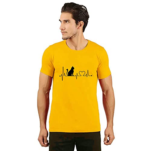 MyTees|Funny Motivation Graphic Printed Tshirt for Men | Half Sleeves Tshirt for Women | Round Neck T Shirt |Heartbeat cat Lover |100% Cotton Biowash T-Shirt 180GSM for Men Yellow