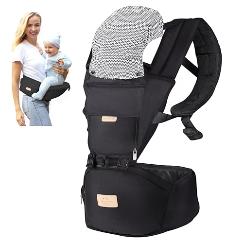 Image of FRUITEAM 6-in-1 Baby Carrier with Waist Stool/Hip Seat for Breastfeeding, One Size Fits All - Adapt to Newborn, Infant & Toddler (Cool Black)