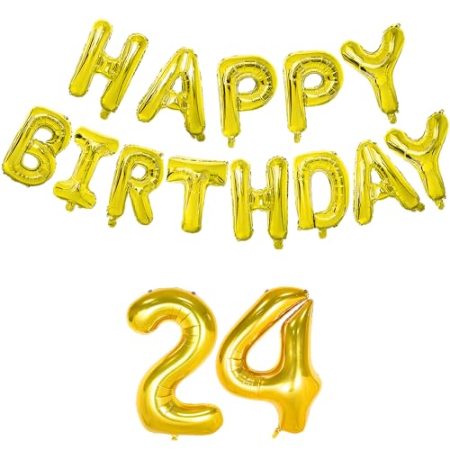 Image of Flyloons 24th Golden Colour Happy Birthday Foil Balloon Banner Set for 24 Year Boys Girls Men|with Number Twenty-four|13 Letters Reusable Happy Birthday Metallic Foil Balloons Decoration Kit, 15 Pcs