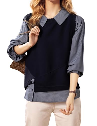 LAI MENG FIVE CATS Women's Collared Patchwork Stirpe Tops Casual Long Sleeve Pullover Blouse